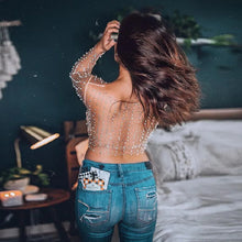 Cargar imagen en el visor de la galería, Top transparente de manga larga con diamantes de perla 5 variaciones