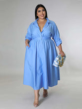 Carregar imagem no visualizador da galeria, Vestido Maxi Smock Largura Solta de Manga Longa com Lapela e Botão Único