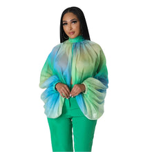 Carregar imagem no visualizador da galeria, Blusa Top de Chiffon com Estampa, Gola O, Mangas Asa de Morcego Plissadas Irregulares e Laço nas Costas