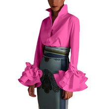 Carregar imagem no visualizador da galeria, Flare Trumpet Sleeve Camisa Blusa com Gola Virada Top 3 Cores Diferentes Disponíveis