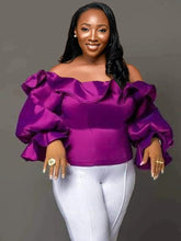 Carica l'immagine nel visualizzatore di Gallery, Blusa Ruffle Lucida con Spalle Scoperte