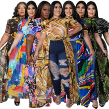 Carregar imagem no visualizador da galeria, Blusa de Topo Longo com Impressão em Chiffon, Mangas Curtas Puff, Perspectiva Dividida, Hollow, Malha Transparente