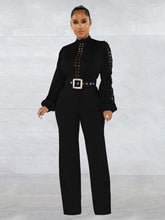 Charger l'image dans la visionneuse de la galerie,Combinaison slim à manches longues et col montant avec ceinture à la taille, longueur sol, découpée