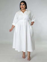 Carregar imagem no visualizador da galeria, Vestido Maxi Smock Largura Solta de Manga Longa com Lapela e Botão Único