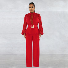 Charger l'image dans la visionneuse de la galerie,Combinaison slim à manches longues et col montant avec ceinture à la taille, longueur sol, découpée