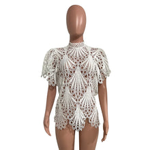 Carregar imagem no visualizador da galeria, Blusa de Renda com Gola Alta, Manga Curta e Detalhe Vazado