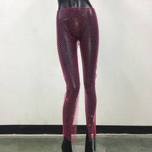 Cargar imagen en el visor de la galería, Pantalón Legging Largo con Abertura Lateral, Brillante con Diamantes de Strass, Malla de Red Transparente, Disponible en 8 Colores Diferentes