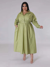Carregar imagem no visualizador da galeria, Vestido Maxi Smock Largura Solta de Manga Longa com Lapela e Botão Único
