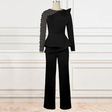 Carregar imagem no visualizador da galeria, Macacão/ Jardineira Elegante Luxuosa de Cintura Alta com Contas Branco Preto