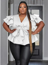 Lade das Bild in den Galerie-Viewer, Elegante Bluse mit tiefem V-Ausschnitt, Peplum, Rüschen, kurzen Ärmeln, hoher Taille, Schnürung und lockerem Schnitt in Übergröße