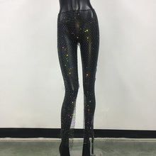 Cargar imagen en el visor de la galería, Pantalón Legging Largo con Abertura Lateral, Brillante con Diamantes de Strass, Malla de Red Transparente, Disponible en 8 Colores Diferentes