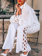 Charger l'image dans la visionneuse de la galerie,Vêtement décontracté 2 pièces avec chemise à col montant à manches lanternes et pantalon, sexy et ajouré