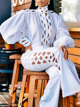 Charger l'image dans la visionneuse de la galerie,Vêtement décontracté 2 pièces avec chemise à col montant à manches lanternes et pantalon, sexy et ajouré