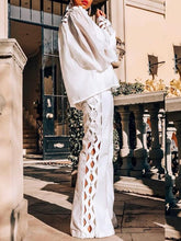 Charger l'image dans la visionneuse de la galerie,Vêtement décontracté 2 pièces avec chemise à col montant à manches lanternes et pantalon, sexy et ajouré