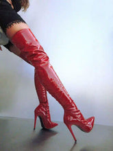 Carregar imagem no visualizador da galeria, Botas pretas altas acima do joelho, com salto fino e alto, sapatos sexy, tamanhos dos EUA até 15
