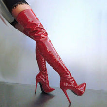 Carregar imagem no visualizador da galeria, Botas pretas altas acima do joelho, com salto fino e alto, sapatos sexy, tamanhos dos EUA até 15