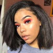 Carregar imagem no visualizador da galeria, Peruca de Renda Frontal de Cabelo Humano Remy Mongol com Cabelo de Bebê Curto Kinky Yaki Liso Bob