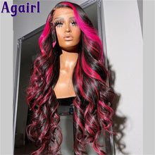 Carica l'immagine nel visualizzatore di Gallery, Evidenzia parrucca peruviana color rosa rosa con capelli umani Remy ondulati, frontale in pizzo trasparente, varie dimensioni di chiusura, densità 150%/180% fino a 32 pollici