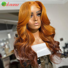 Carregar imagem no visualizador da galeria, Cabelo humano ondulado peruano em tons de vermelho laranja marrom ombre com frontal de renda transparente pré-arrancada