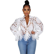 Carregar imagem no visualizador da galeria, Camisa Elegante de Renda em Malha com Mangas Longas e Recortes, Blusa Transparente, Roupa Dashiki, Camisa Africana