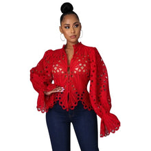 Carregar imagem no visualizador da galeria, Camisa Elegante de Renda em Malha com Mangas Longas e Recortes, Blusa Transparente, Roupa Dashiki, Camisa Africana