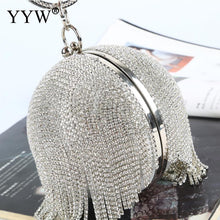 Carregar imagem no visualizador da galeria, Bolsa de Mão Clutch Mini com Franjas em Diamantes de Rhinestone Prateados em Forma de Bola