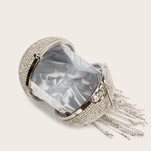 Carregar imagem no visualizador da galeria, Bolsa de Mão Clutch Mini com Franjas em Diamantes de Rhinestone Prateados em Forma de Bola