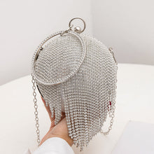 Carregar imagem no visualizador da galeria, Bolsa de Mão Clutch Mini com Franjas em Diamantes de Rhinestone Prateados em Forma de Bola