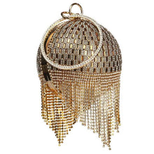 Carregar imagem no visualizador da galeria, Bolsa de Mão Clutch Mini com Franjas em Diamantes de Rhinestone Prateados em Forma de Bola