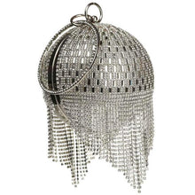 Carregar imagem no visualizador da galeria, Bolsa de Mão Clutch Mini com Franjas em Diamantes de Rhinestone Prateados em Forma de Bola