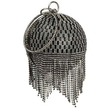 Carregar imagem no visualizador da galeria, Bolsa de Mão Clutch Mini com Franjas em Diamantes de Rhinestone Prateados em Forma de Bola