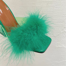 Lade das Bild in den Galerie-Viewer, Sexy transparente Absatz-Pantoletten mit Fell und Federn, Sandalen mit offenem Zehenbereich, Slip-On, klare Schuhe, Slides, EU-Größen bis 41