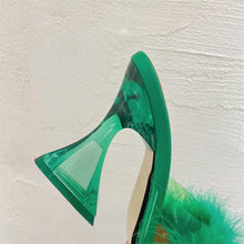 Lade das Bild in den Galerie-Viewer, Sexy transparente Absatz-Pantoletten mit Fell und Federn, Sandalen mit offenem Zehenbereich, Slip-On, klare Schuhe, Slides, EU-Größen bis 41