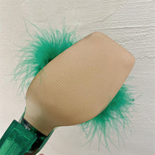 Lade das Bild in den Galerie-Viewer, Sexy transparente Absatz-Pantoletten mit Fell und Federn, Sandalen mit offenem Zehenbereich, Slip-On, klare Schuhe, Slides, EU-Größen bis 41