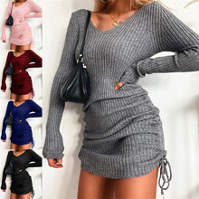 Carica l&#39;immagine nel visualizzatore di Gallery, Vestito Maglione a Maniche Lunghe con Scollo a V, Colore Unito, Coulisse, Attillato, Sopra il Ginocchio, Maglia
