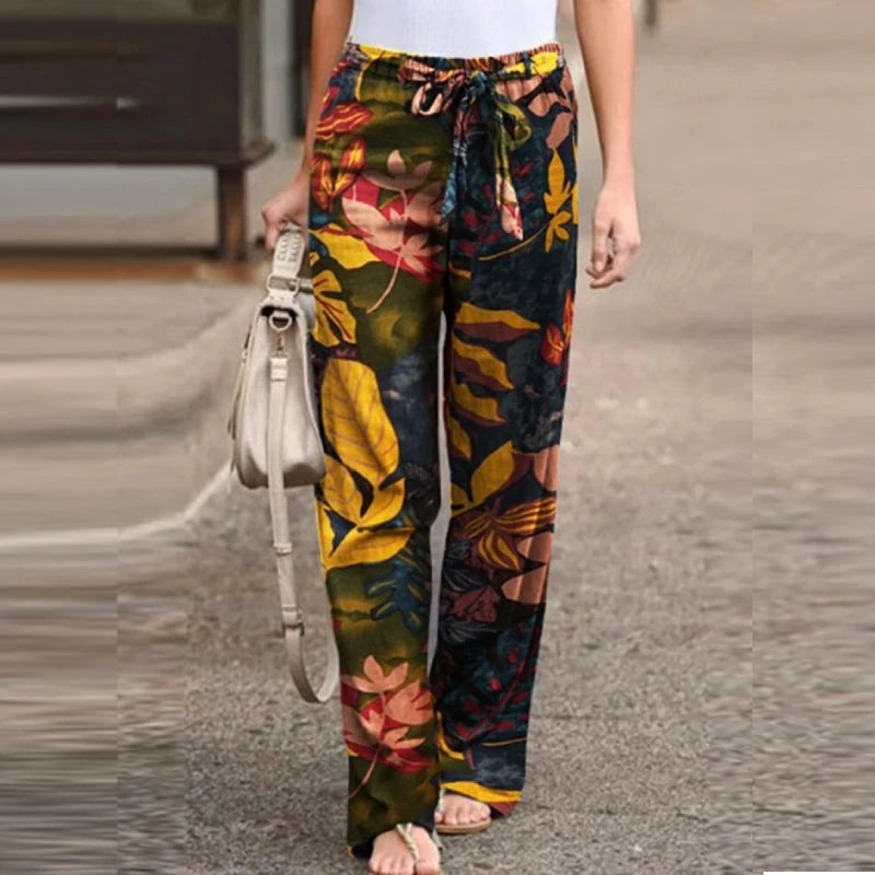 Oversized Vintage Print Long Loose Linen Drawstring Wide Leg Palazzo Pant Trouser 4 Different Prints/Colors Sizes Up To 5XL Available
