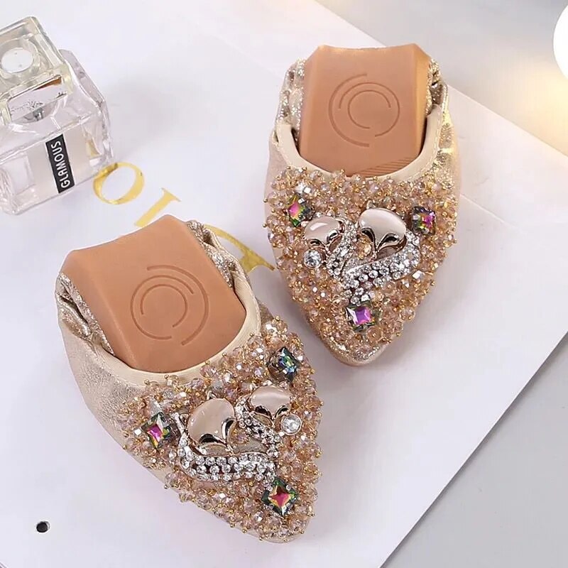 Sandal de Designer Confortável e Plano com Cristal, Sapatilha de Balé Dobrável de Luxo