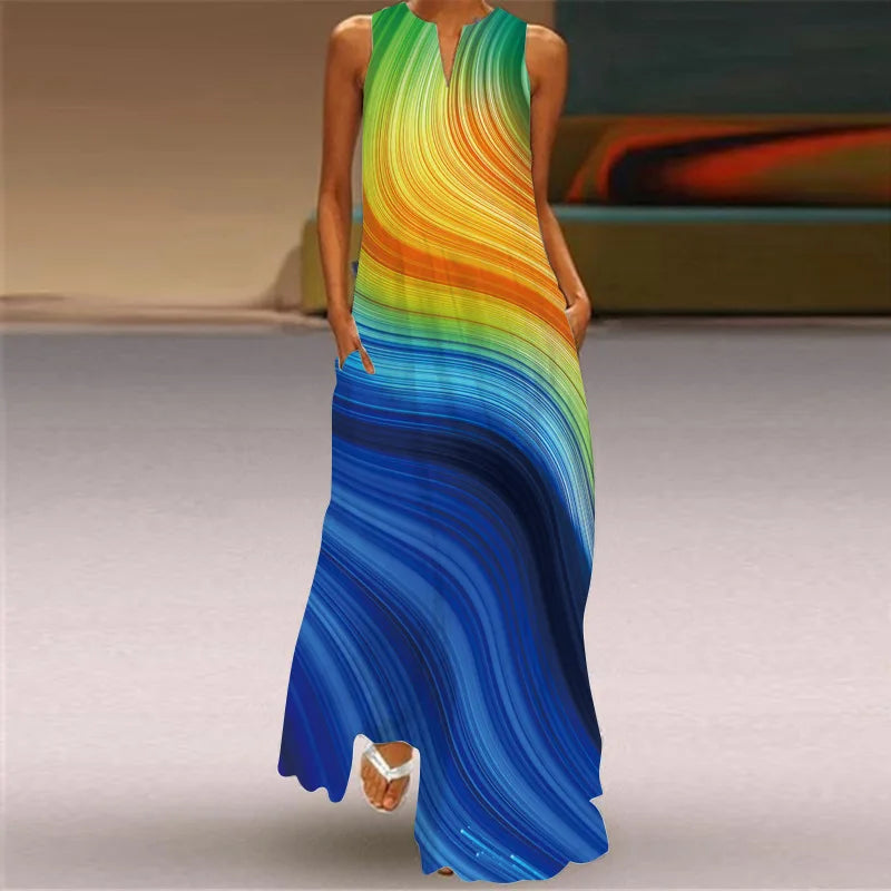 Abito lungo maxi boho senza maniche con stampa arcobaleno, scollo a V e tasche