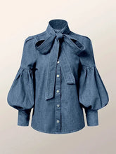 Carregar imagem no visualizador da galeria, Bow Embellished Lantern Sleeve Elegant Imitation Denim Shirt Blouse Top 4 Different Colors Available
