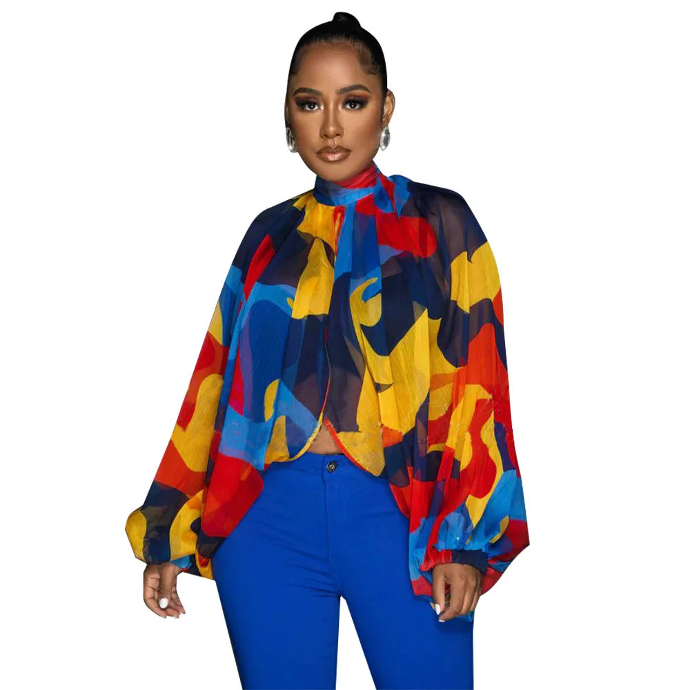Irregular Pleated Batwing Sleeve O-Neck Back Bow Printed Chiffon Blouse Shirt Top
