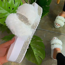 Cargar imagen en el visor de la galería, Fluffy Furry Diamante/Rhinestone Slipper Platform Flat Wedge Sandal Flip-Flop Shoes 6 Colors
