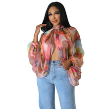 Lade das Bild in den Galerie-Viewer, Irregular Pleated Batwing Sleeve O-Neck Back Bow Printed Chiffon Blouse Shirt Top
