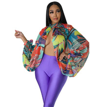 Lade das Bild in den Galerie-Viewer, Irregular Pleated Batwing Sleeve O-Neck Back Bow Printed Chiffon Blouse Shirt Top
