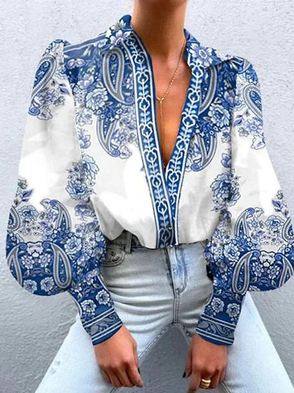 Elegant Blusa Vintage com Estampa Floral, Gola e Mangas Bufantes