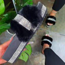 Cargar imagen en el visor de la galería, Fluffy Furry Diamante/Rhinestone Slipper Platform Flat Wedge Sandal Flip-Flop Shoes 6 Colors
