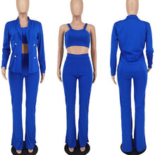 Cargar imagen en el visor de la galería, 3 Piece Set Blazer Top Pant Solid Ribbing Matching Suit
