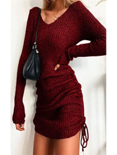 Carica l&#39;immagine nel visualizzatore di Gallery, Vestito Maglione a Maniche Lunghe con Scollo a V, Colore Unito, Coulisse, Attillato, Sopra il Ginocchio, Maglia
