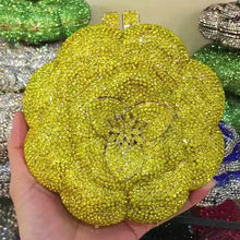 Carregar imagem no visualizador da galeria, Bolsa de mão de cristal de luxo em forma de flor de rosa com corrente de diamante de diamante, mini clutch
