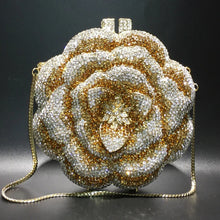 Carregar imagem no visualizador da galeria, Bolsa de mão de cristal de luxo em forma de flor de rosa com corrente de diamante de diamante, mini clutch
