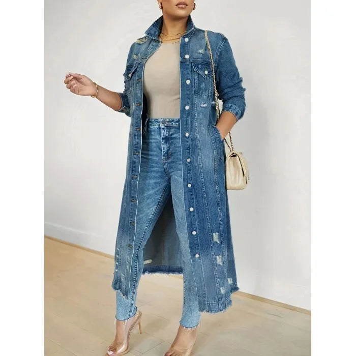 Casaco de Ganga Casual Lavado com Gola V, Manga Comprida e Corte Solto